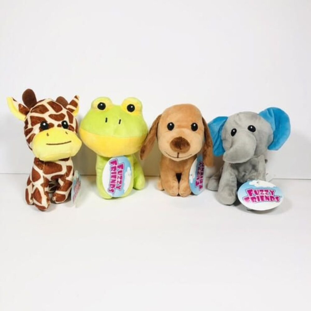 New Lot of 4 Fuzzy Friends Plush Stuffed Animal Toy Elephant Frog Dog Giraffe